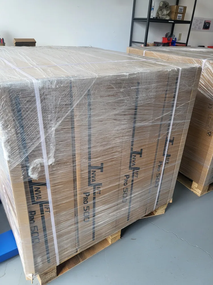 Boxed Pro 500 units shrink-wrapped on a pallet