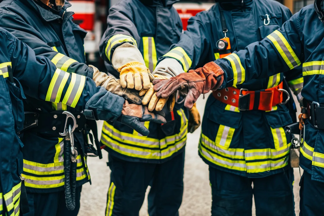 A crew of firefighters, hands together